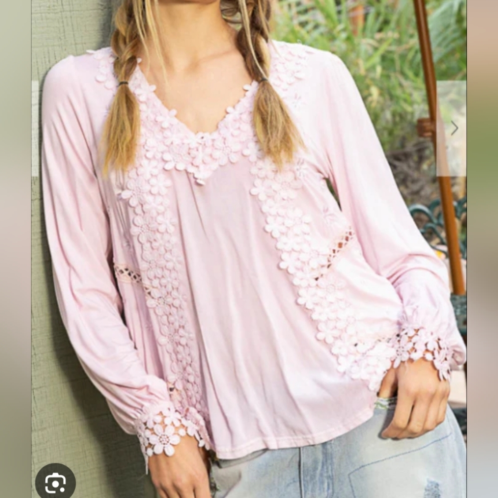 POL Boho Pink Floral Embroidered Long Sleeve Top Size XS